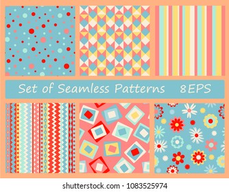 Set of colorful primary color geometric seamless patterns, vector. Good for wallpaper, print on fabric, baby products, background, surface decor and more