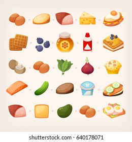 Set of colorful products and ingredients for making healthy tasty family breakfast dishes. Plus ready to eat dishes from different countries. Isolated vector images. Part 2/4