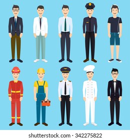 Set Of Colorful Profession Man Flat Style Icons: Businessman, Doctor, Artist, Designer, Cook, Police, Teacher, Pilot, Admin. Vector Illustration.