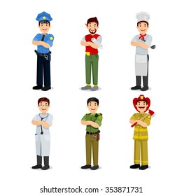 Set of colorful profession man flat style icons: policeman, artist, cooker, 
military, doctor, firefighter. Vector characters of different professions