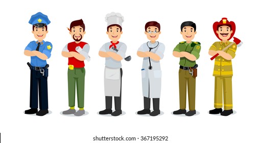 Set of colorful profession man flat style icons: policeman, artist, cooker, military, doctor, firefighter. Vector characters of different professions