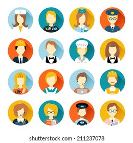 Set Of Colorful Profession People Flat Style Icons In Circles With Long Shadows Vector Illustration