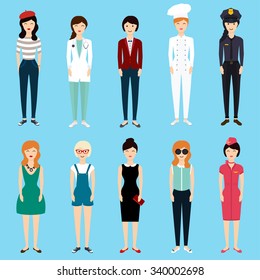 Set Of Colorful Profession Woman Flat Style: Businesswoman, Doctor, Artist, Designer, Cook, Police, Teacher, Stewardess, Admin. Vector Illustration.