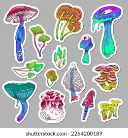 Set of colorful psychedelic mushrooms, hand drawn sketch vector illustration isolated on gray background. Magic trippy mushrooms, collection of stickers.