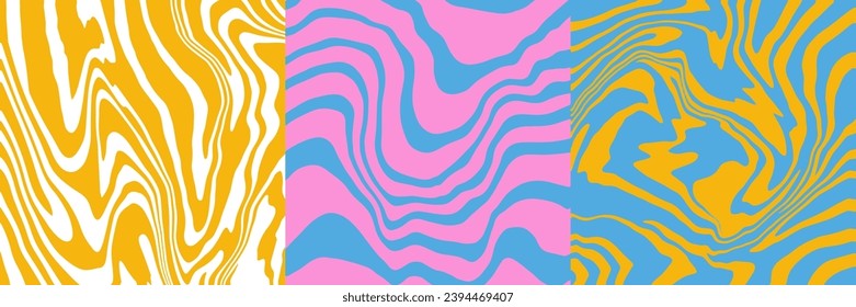 Set of colorful psychedelic square patterns with abstract organic striped shapes. Trendy retro duotone backgrounds in 90s, 00s style. Flat vector