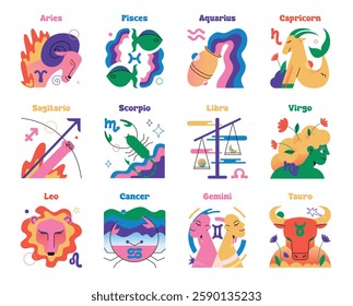 Set of the colorful psychedelic Zodiac Signs. Vector flat illustration on white background.