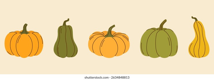 Set of colorful pumpkin icons. Vector illustration perfect for autumn, harvest, Halloween, Thanksgiving, and seasonal design projects.