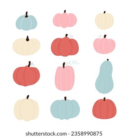 Set of colorful pumpkins of different shapes. Vector poster for autumn holidays in a modern flat style. Collection of vegetable icons