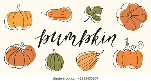 Conjunto de calabazas coloridas. Elementos de otoño lineales del doodle. Cosecha otoñal. rotulación manuscrita de calabaza