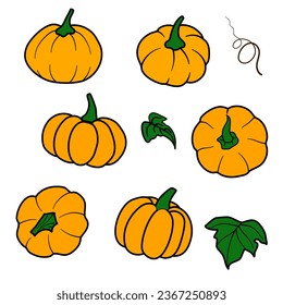 Set of colorful pumpkins, doodles, simple design, Halloween.