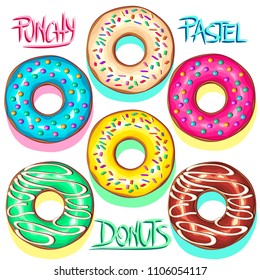 Set of Colorful Punchy Pastel Donuts, showcasing Color trends like Baby Blue, Yellow Mellow, Pink. Delicious and Creamy, and also with Chocolate
