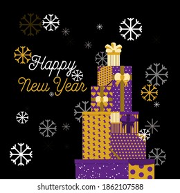 Set of Colorful purple and gold Pattern Gift Box with Ribbon and Bow for Christmas holidays laid out in tree shape