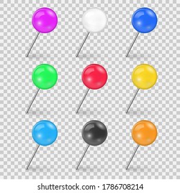 Set of colorful push pin tack in different foreshortening isolated on transparent background. Sewing needle or plastic push pins tacks for paper notice. Realistic thumbtacks. Vector illustration