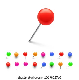 Set of colorful push pins in different foreshortening. Vector illustration on white background. Can be use for your design, promo, ad. EPS10.