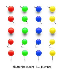 Set of colorful push pins in different foreshortening. Vector illustration on white background. Can be use for your design, promo, ad. EPS10.