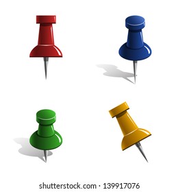 Set of colorful push pins - icon isolated on white background. Vector