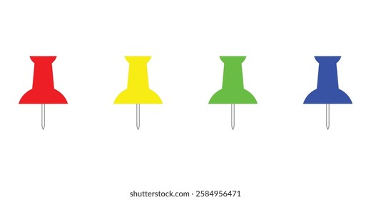 Set of Colorful Push Pins in Red, Yellow, Green, and Blue – Office and School Stationery Vector Illustration