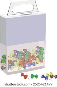 Set of colorful push pins is spilling out of a plastic box on a white background