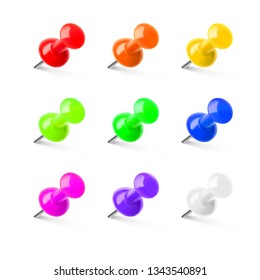 Set of colorful push pins. Thumbtacks ready for your design. Vector illustration isolated on white background. EPS10.