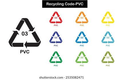 Set of colorful PVC recycling code symbols with number 3 inside triangle. Ideal for plastic packaging, eco awareness, sustainability, and recycling identification vector graphics.