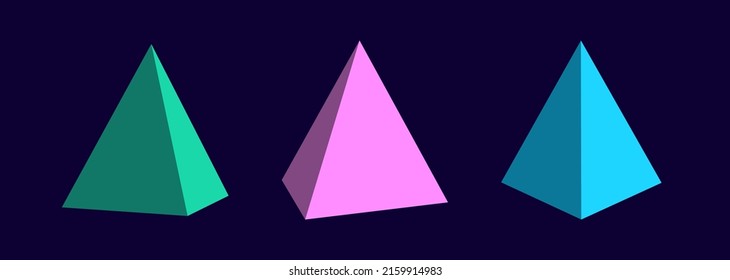 Set of colorful pyramids from different sides. Vector abstract geometric 3D objects. Technology block chain network connection. Geometric figures.