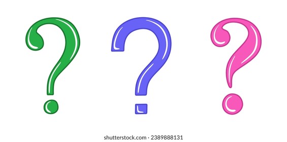 Set of colorful question marks. Various interrogation signs isolated on white background. Punctuation marks. Colored flat illustration of question mark icons. Vector illustration