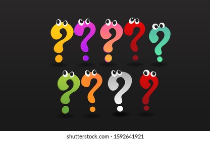 Set of colorful question signs with eyes, FAQ  help. problem solve  realistic vector illustration of ask question mark, 3d shapes.  