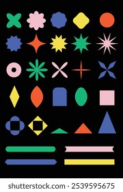 Conjunto de formas peculiares coloridas - estrelas, flores, quadrados, círculos e divisores horizontais 