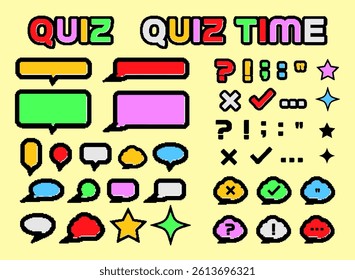 set of colorful quiz banner template collection with bubble speech and question icon. modern retro trendy pixel art decoration elements vector illustration