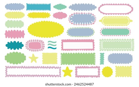 A set of colorful quote frames with wavy edges, hand-drawn. Vector illustration in the form of an empty text field. A fashionable graphic template. Cute curved frame. Isolated on a white background.
