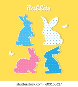 Set of colorful rabbits. Vector silhouette. Paper art and craft 
