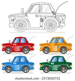 Set of colorful racing cars. Coloring. Side view. Isolated on white background. Vector illustration.