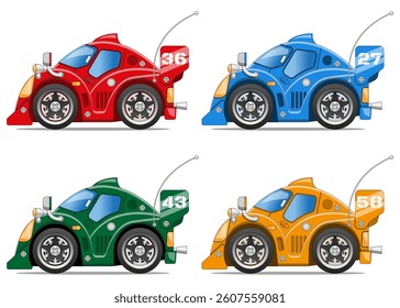 Set of colorful racing cars. Side view. Isolated on white background. Vector illustration.