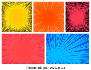 Set of colorful radial lines comics style background. Manga action, speed abstract. Vector illustration. Isolated on white background