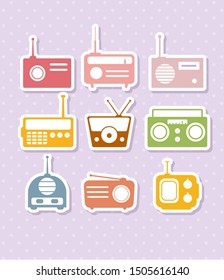 Set of colorful radio receivers on pastel background 