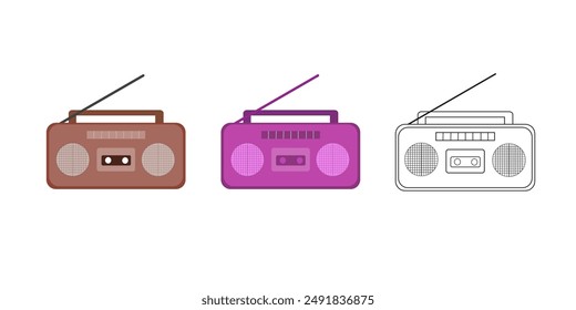 Conjunto de radios de colores. Diseño plano. Dibujo animado. Ilustración vectorial. Fondo blanco. Objeto aislado