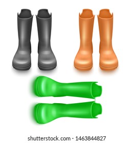 Set of colorful rain rubber boots from front view Symbol of garden work or autumn and weather. realistic Vector EPS 10 format, illustration Isolated on white background