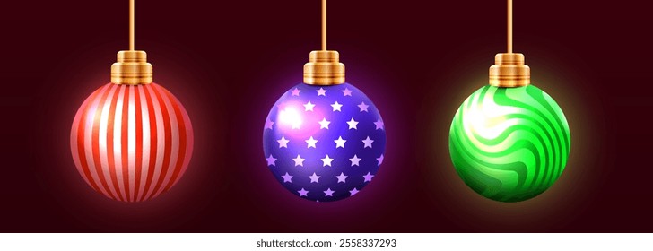 Set of colorful rainbow balls isolated on a brown background. Vector illustration featuring Christmas and New Year 2025 ornaments for the holiday season.