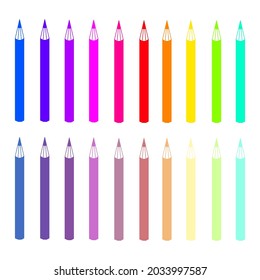 Set of colorful, rainbow colored, vibrant and light pastel colors pencils vector graphic illustration