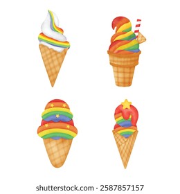 Set of Colorful Rainbow Ice Cream Sundae Illustration