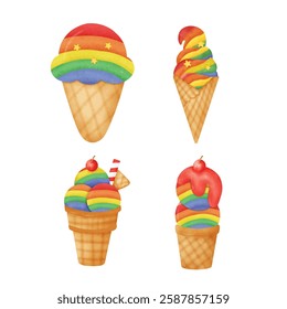 Set of Colorful Rainbow Ice Cream Sundae Illustration