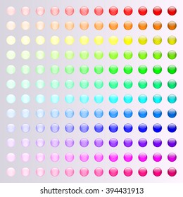 Set of colorful (rainbow) round buttons (red, orange, yellow, green, blue, violet, tortoise, pink). Glossy shine round rainbow design elements (buttons). Multicolored illustration of round buttons. 