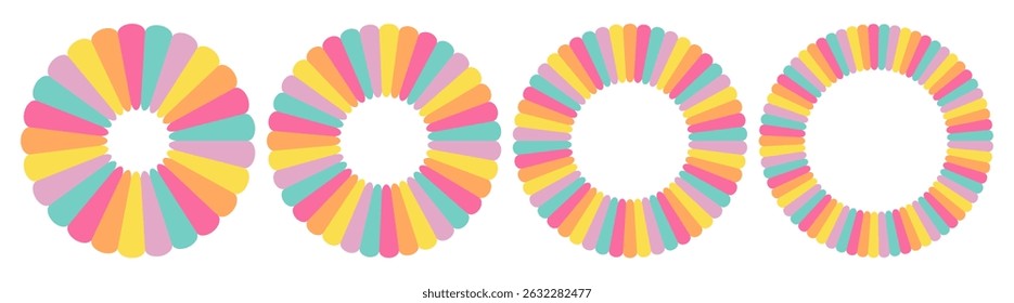 Defina o quadro redondo colorido do arco-íris, caixa de texto, flor, pétalas de camomila no estilo plano. Elemento desenhado à mão para o carnaval, festival, aniversário de crianças isolado no fundo branco. Ilustração vetorial EPS10