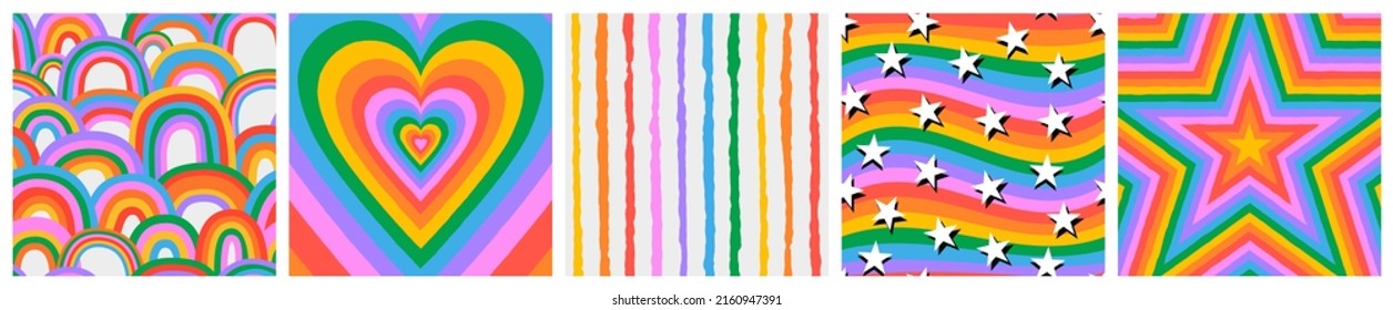 Set of colorful rainbow seamless pattern and cartoon illustration background. Happy upbeat multicolor banner collection for children education, lgbt issues or diversity concept.