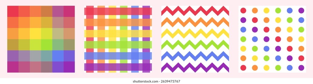 Set of colorful rainbow seamless pattern. Pride pattern. Plaid, circles, chevron seamless patterns