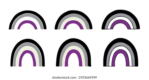 Set of colorful rainbow shape Asexual pride flag Happy pride day LGBTQIA community Pride Month Vector hand drawn doodle for posters, stickers, logo, cards