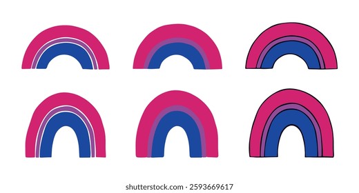 Set of colorful rainbow shape Bisexual pride flag Happy pride day LGBTQIA community Pride Month Vector hand drawn doodle for posters, stickers, logo, cards