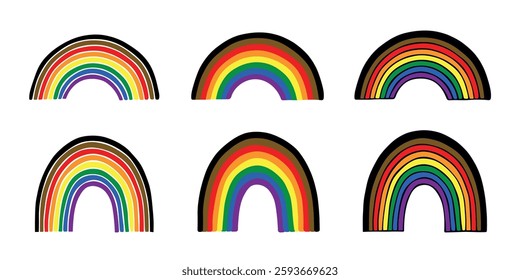 Set of colorful rainbow shape Gay pride flag Happy pride day LGBTQIA community Pride Month Vector hand drawn doodle for posters, stickers, logo, cards