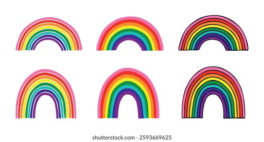 Set of colorful rainbow shape Gay pride flag Happy pride day LGBTQIA community Pride Month Vector hand drawn doodle for posters, stickers, logo, cards