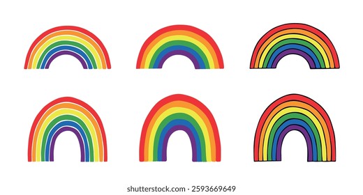 Set of colorful rainbow shape Gay pride flag Happy pride day LGBTQIA community Pride Month Vector hand drawn doodle for posters, stickers, logo, cards